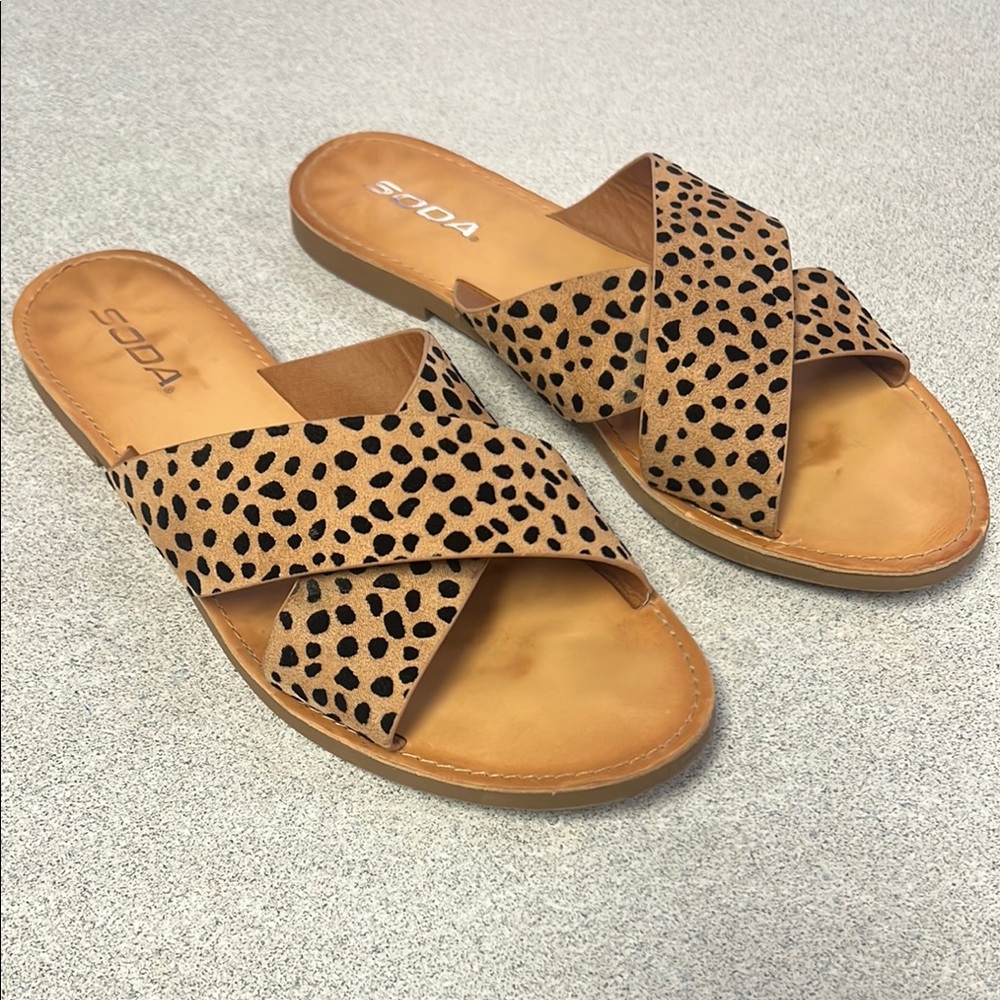 Soda Tan and Black Sandals with Animal Print